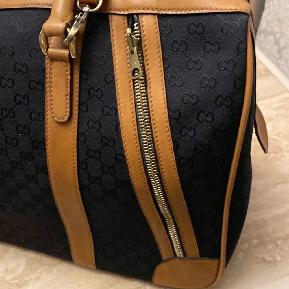 GUCCI GG vintage/rare Logo Canvas Leather Boston Travel/HandBag-Blk/Tan:COA